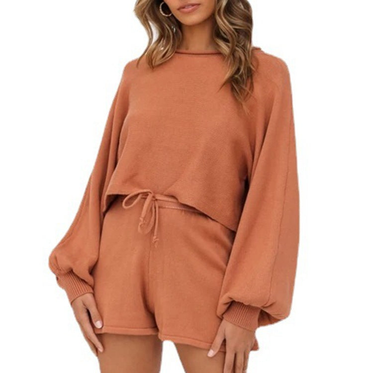 Pullover-Shorts mit Laternenärmeln und einfarbigem Homewear-Anzug