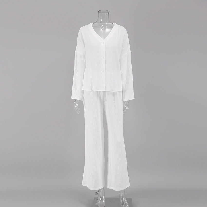 Double Layer Crepe V-neck French Loose Comfortable Long Sleeve Pajamas Cotton Linen Homewear Set
