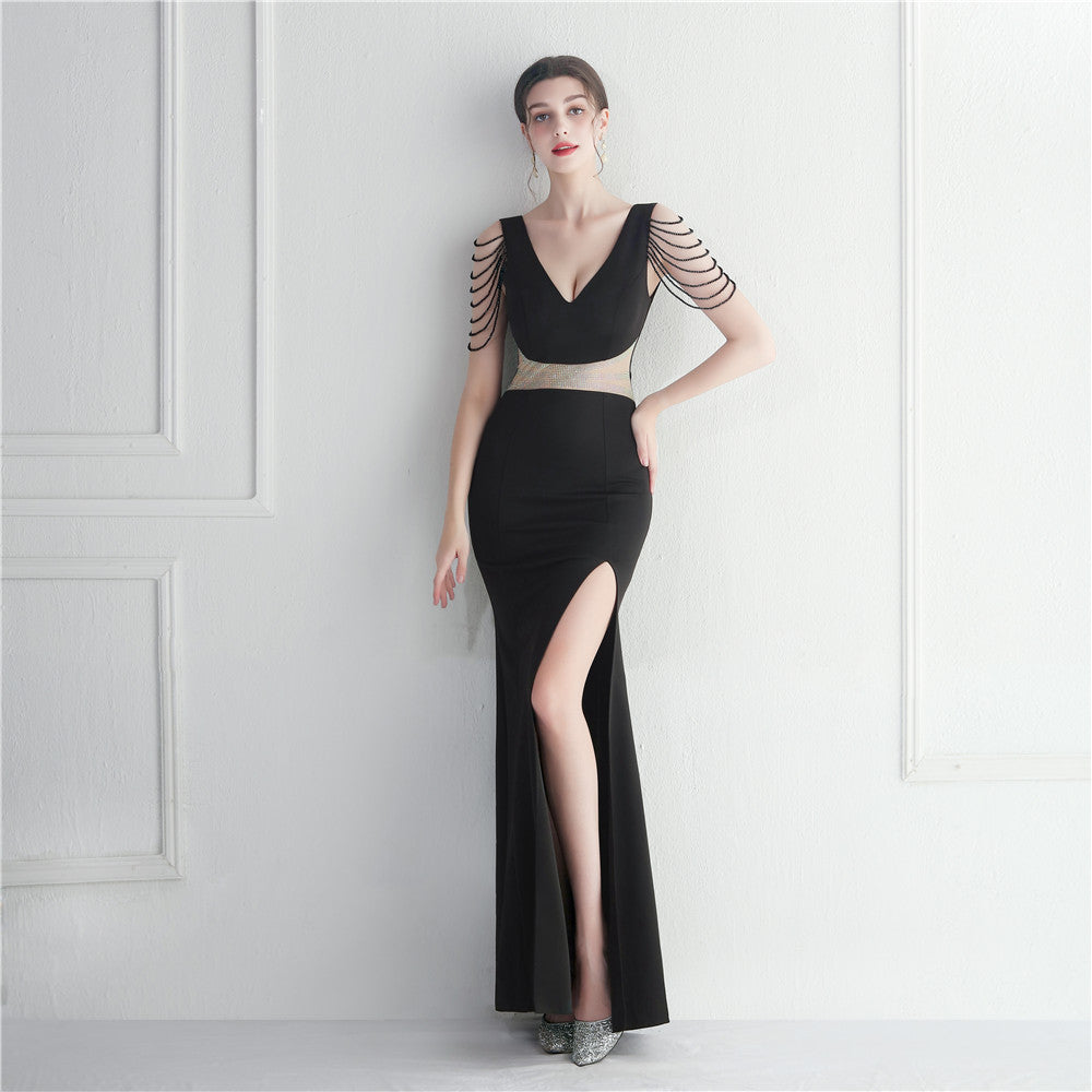 Robe longue de soirée ornée de strass et de perles pour hôte, dîner, mariage
