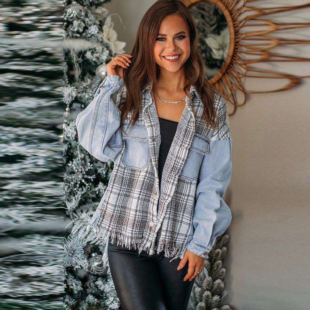 Street Plaid Patchwork Denim Jacket Collared Tassel Jacket