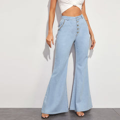 Casual All Match Big Horn Wide Leg Denim Trousers