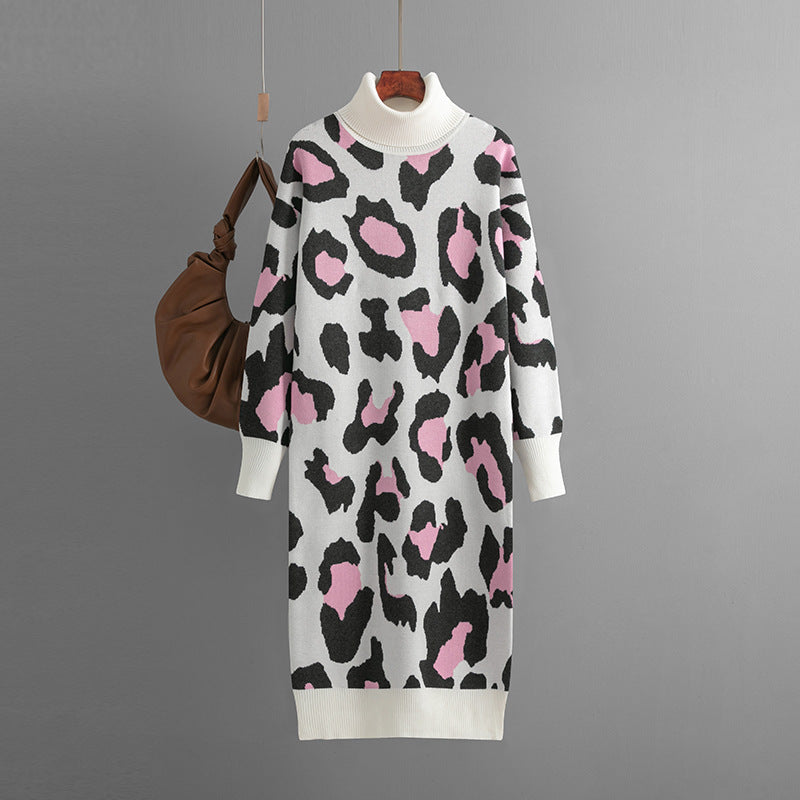 Turtleneck Base Knitted Dress Leopard Print Maxi Dress