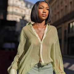 Supply Hollow Out Cutout Loose Cardigan Shirt Collar Sheer Long Sleeve Shirt