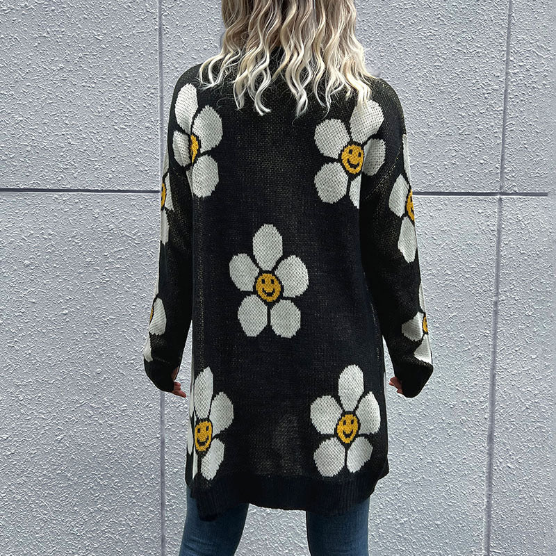 Wear Floral Long Sleeve Sweater Cardigan Mid Length