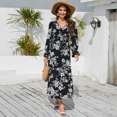 V neck Waist Trimming Lace up Long Sleeve Floral Dress Maxi Dress