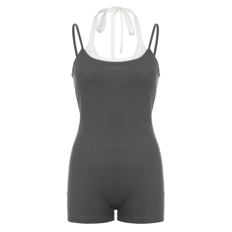 Stitching Contrast Color Halter Strap Street Casual Strap Jumpsuit