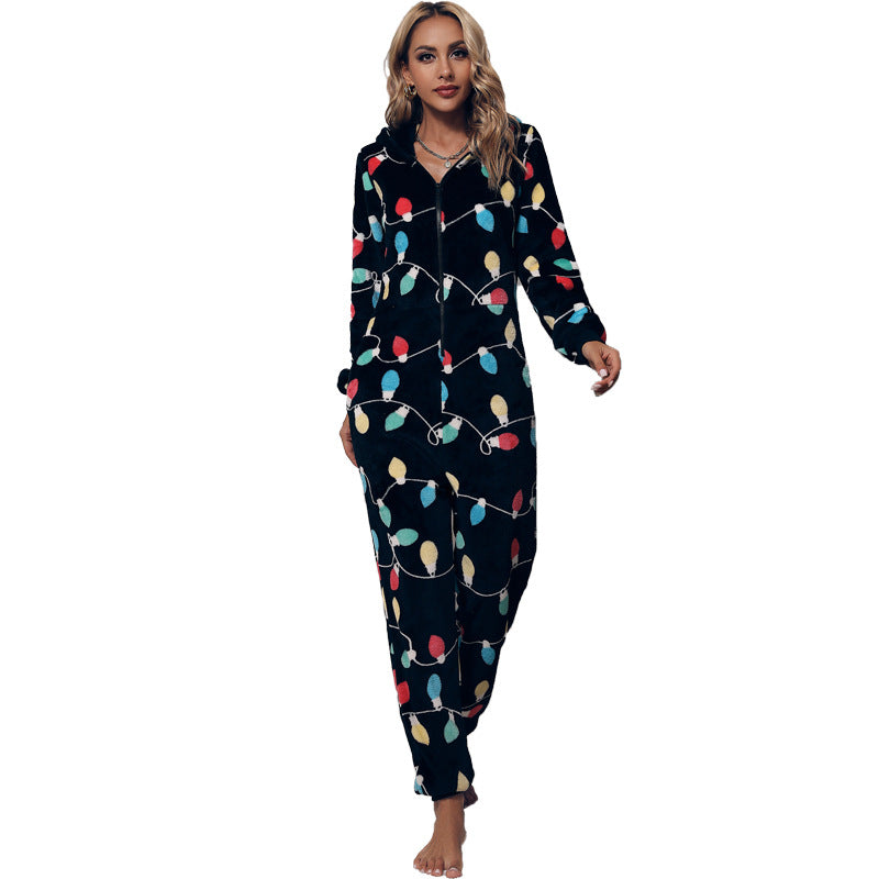 round Neck Home Casual Comfortable Can Be Worn outside Thermal Flannel Christmas Jumpsuit
