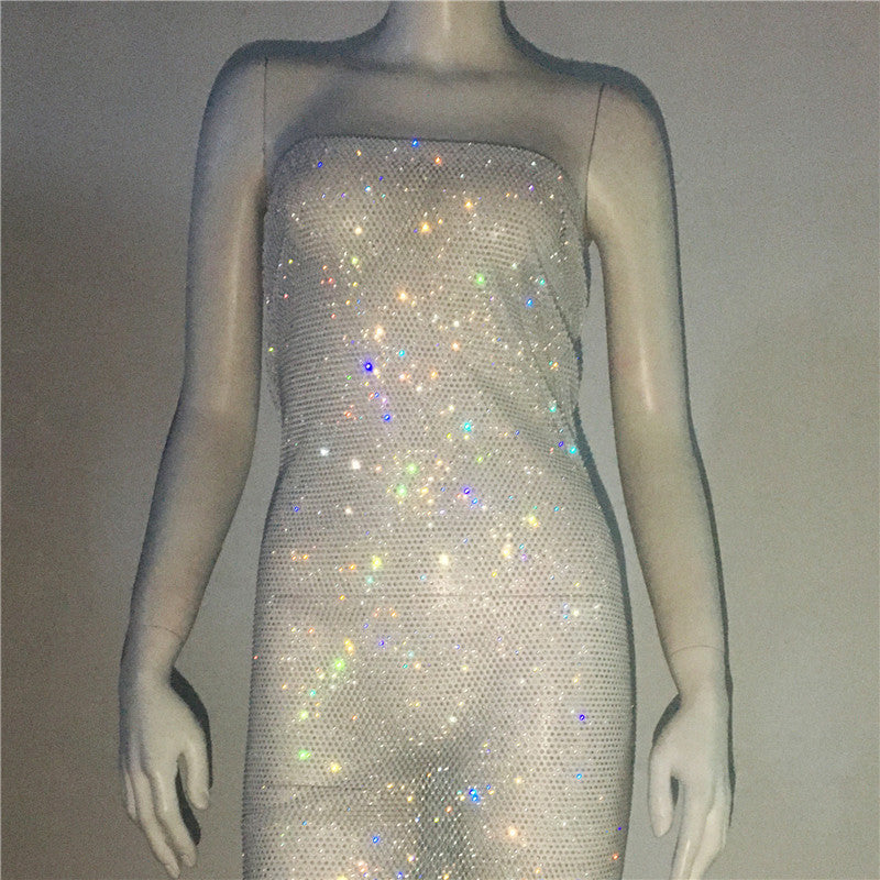 Skinny Strapless Dress Rhinestone Transparent Dress Mini Fishnet Dress