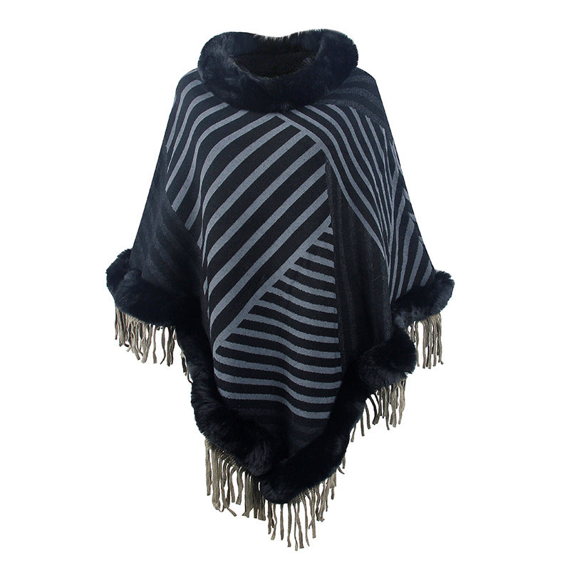 Fur Collar Pullover Tassel Knitted Cape Stripe Warm Shawl