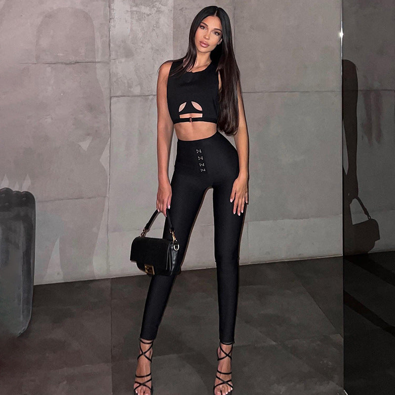 Tight Sleeveless Hollow Out Cutout Top Button Trousers Sets