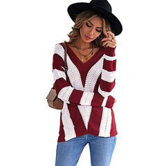 Striped Outerwear Sweater Contrast Color Long Sleeves Knitted Underwear Top