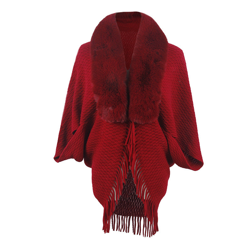 Wool Rain Fur Collar Knitted Tassel Cape Coat Outdoor Shawl