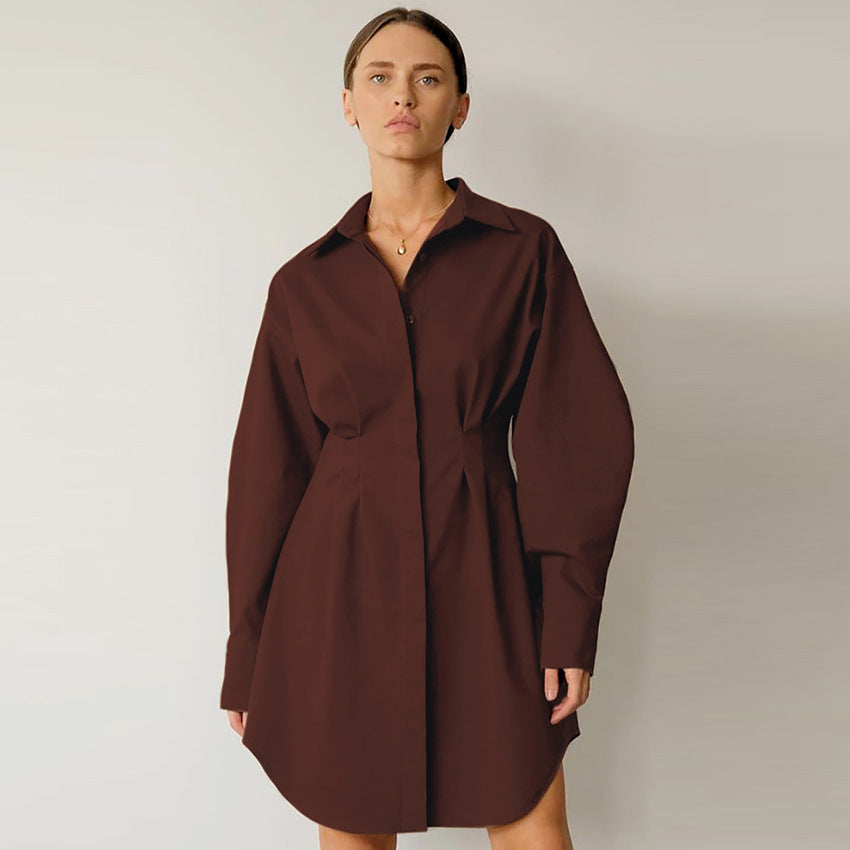 Early Wear French Shirt Dress Tight Waist Elegant Slim-Fit Long Sleeves Slim Fit Retro Minority Dress