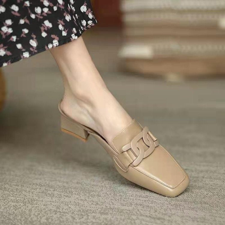 Women's Slip-on British Style Metal Buckle Square