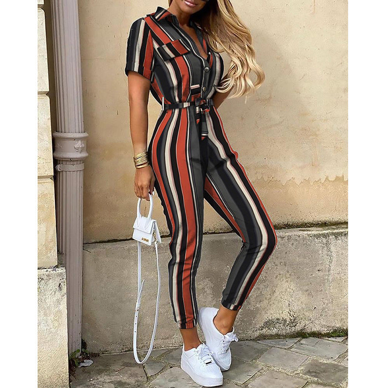 Trousers Casual Collared Button Printed Belt Cargo Overalls Plus size