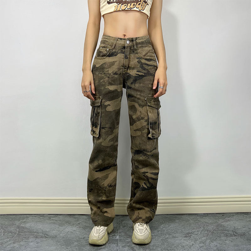 High Street Camouflage Workwear Personality Pocket Jeans Street Hipster Straight Leg Pants Trousers