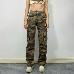 High Street Camouflage Workwear Personality Pocket Jeans Street Hipster Straight Leg Pants Trousers