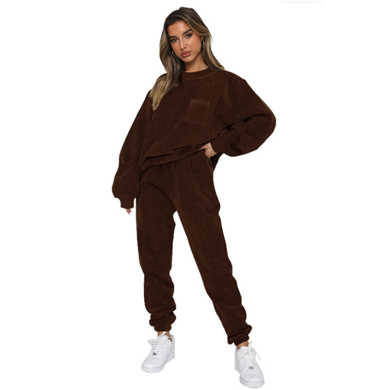 Corduroy Solid Color round Neck Pullover Long Sleeve Two Piece Set Smart Trousers Suit