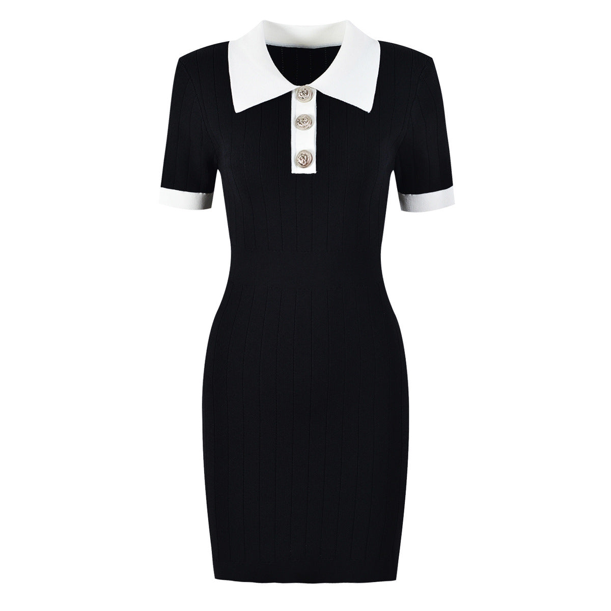 Hochwertiges Strickmaterial mit Kragen, schlankem, kurzärmligem Kleid