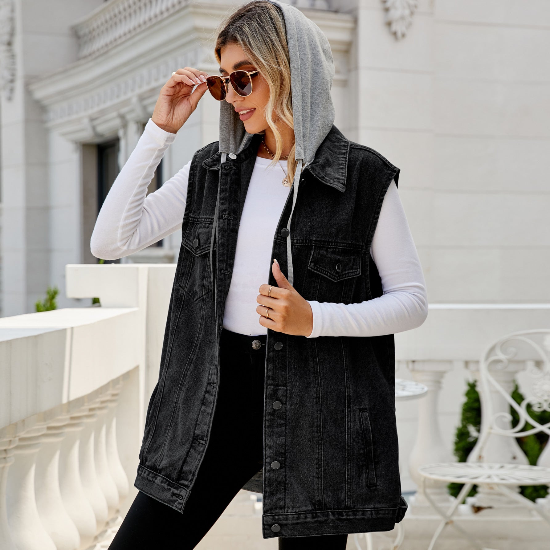 Retro Denim Vest Coat Hooded Detachable Loose Casual