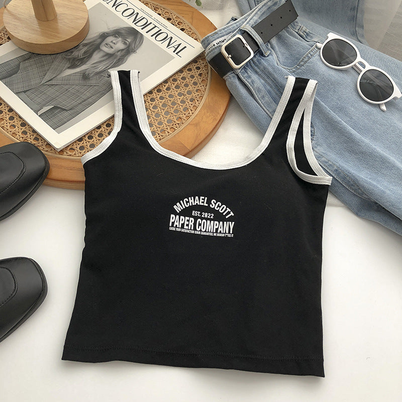 Hemming Printing Color Contrast Letter Graphic Crew Neck Sleeveless Vest Korean All Match Single Wear Beauty Back Shirt