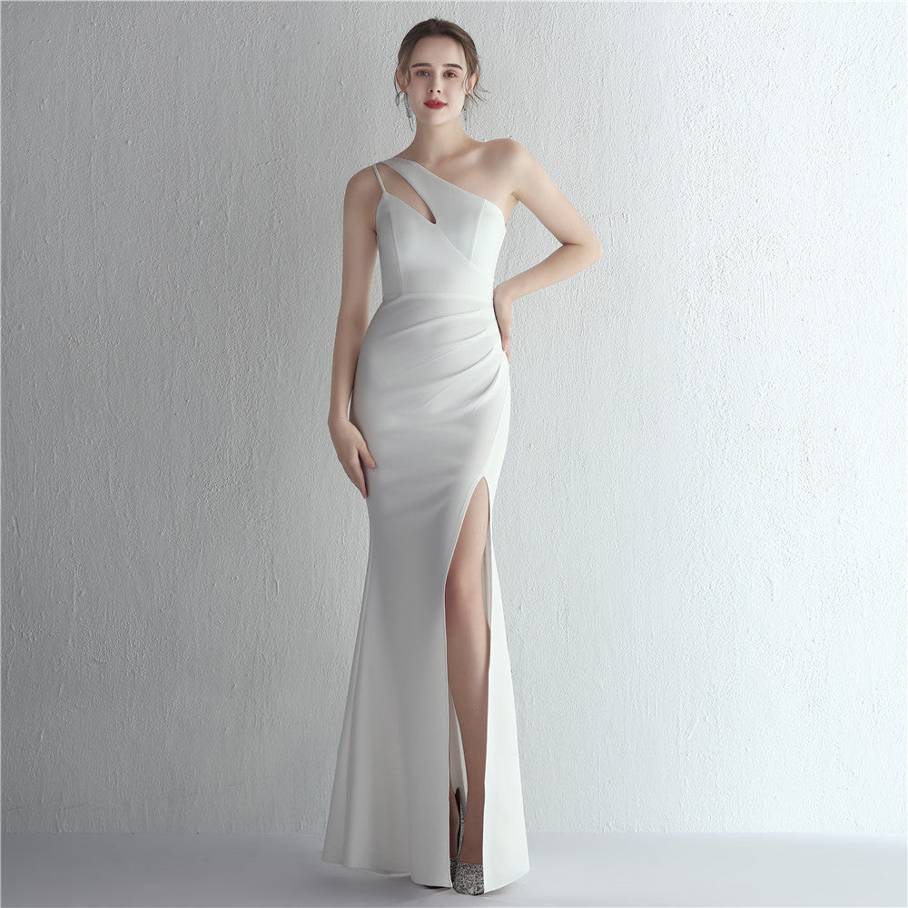 Satin Slim Fit One Shoulder Long Debutante Gala Dinner Slimming Fishtail Wedding Car Model Exhibition Dress