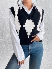 Simple Color Contrast Patchwork Diamond Lattice Pullover Vest Knitted