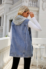 Retro Denim Vest Coat Hooded Detachable Loose Casual