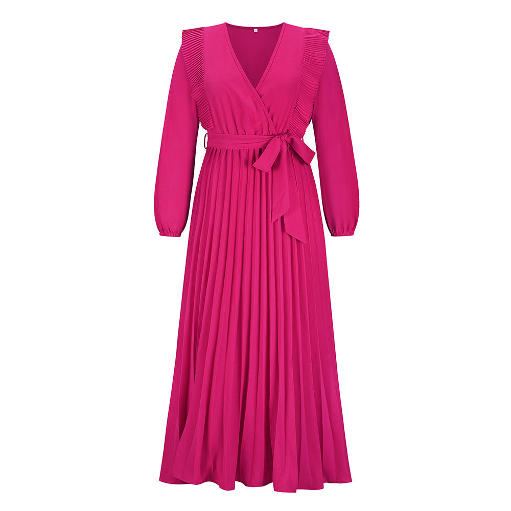 V neck Swing Pleated Dress Maxi Dress