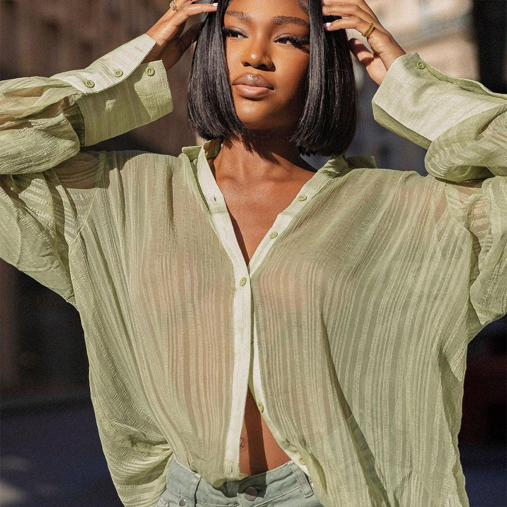 Supply Hollow Out Cutout Loose Cardigan Shirt Collar Sheer Long Sleeve Shirt