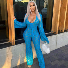 Lace Mesh Hollow Out Cutout Tight Flying Sleeves Trousers Jumpsuit
