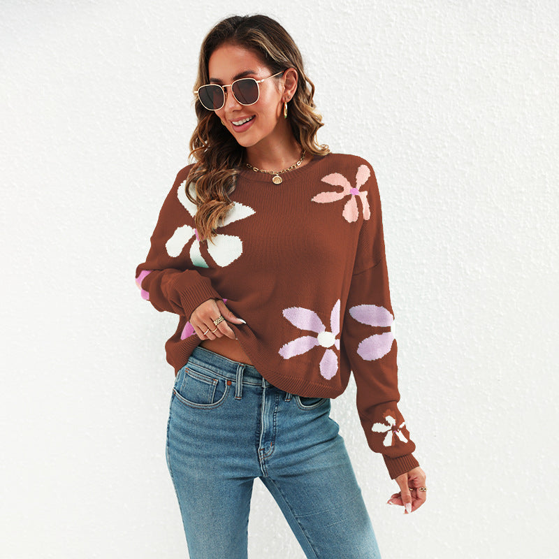 Jacquard-Pullover mit Blumenmuster in Kontrastfarbe, O-Ausschnitt, kurz, All-Match-Pullover