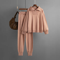 Ensemble pull et pantalon à col polo, ample et décontracté, en tricot, deux pièces