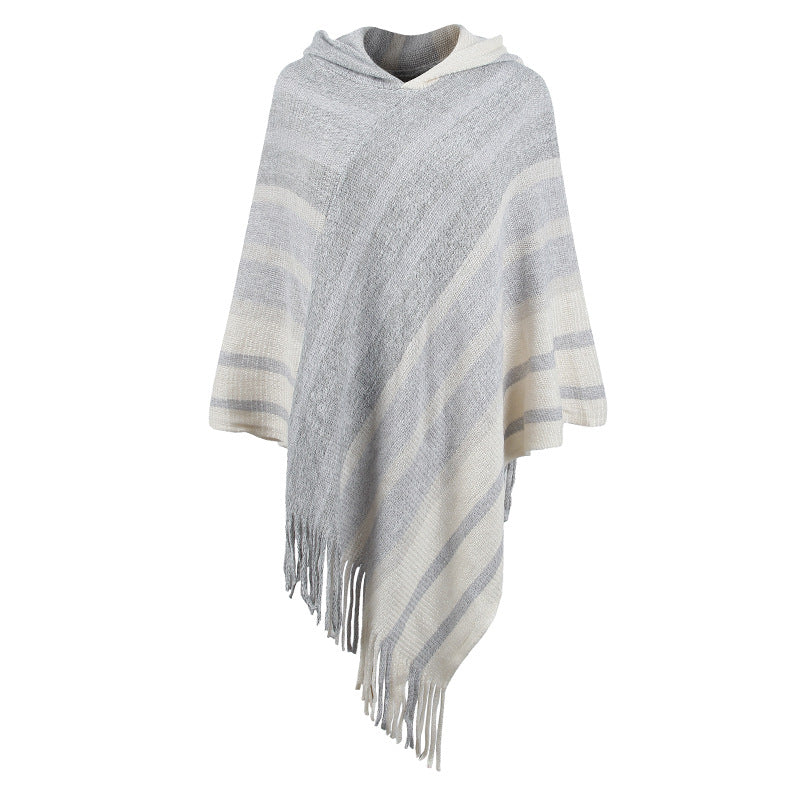 Knitted Tassel Shawl Cape Striped Hooded Scarf