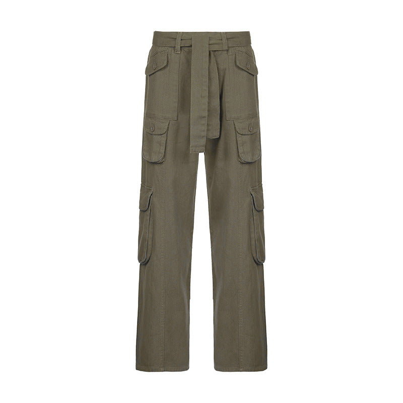 Jean cargo taille basse à lacets, couleur unie, multi-poches, pantalon patchwork amincissant