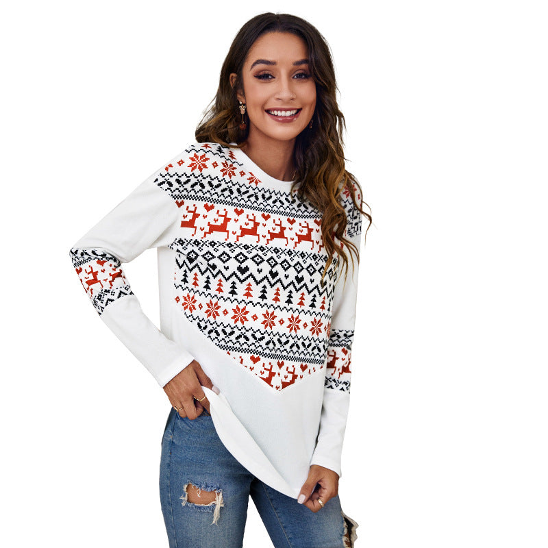 round Neck Christmas Stitching Printing Casual Loose T shirt