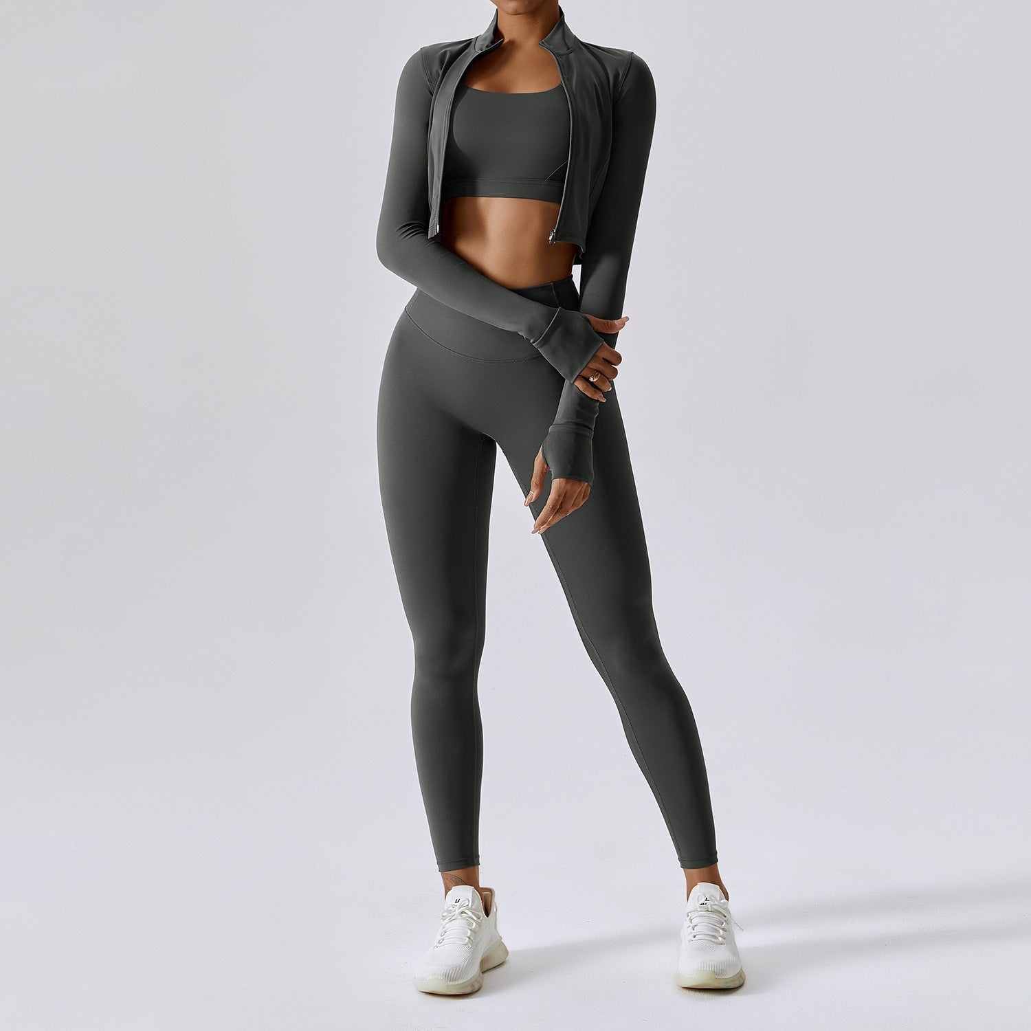 Outdoor Sports Skinny Yoga Suit Nude Feel Fitness Shockproof High Waist Yoga Three Piece Suit