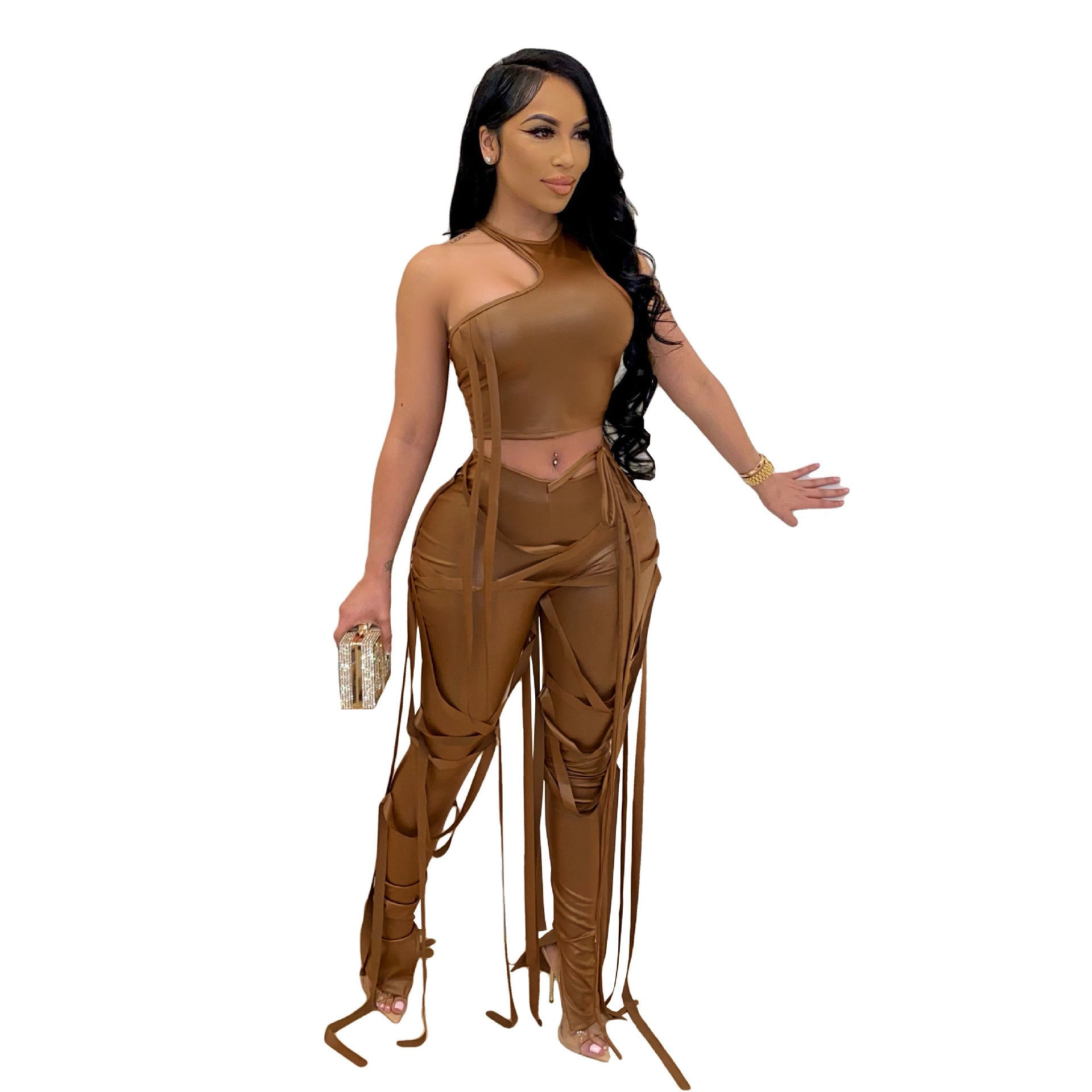 Two Piece Suit Vest Strap Suit Faux Leather Pants Nightclub