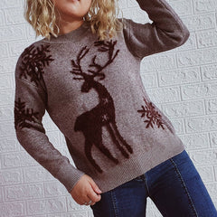 round Neck Long-Sleeved Christmas Sweater Year Snowflake Deer Jacquard Knitted Pullover