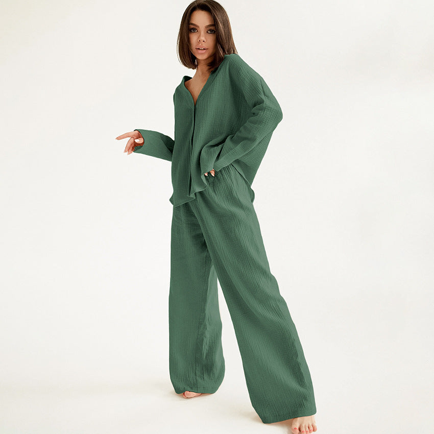 Double Layer Crepe V-neck French Loose Comfortable Long Sleeve Pajamas Cotton Linen Homewear Set
