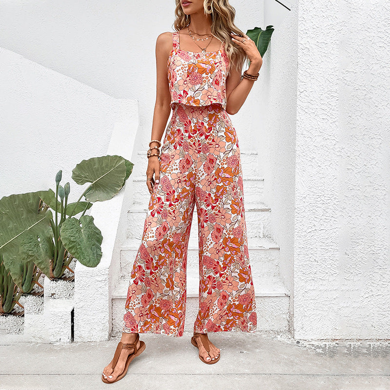 Beach Printed Square Collar Sling Vest Pants Vacation Jumpsuit