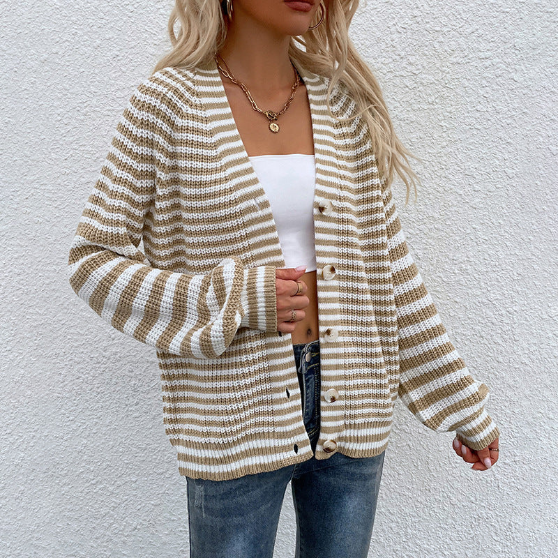 Casual Button Knitted Cardigan Striped V Neck Lantern Sleeve Sweater