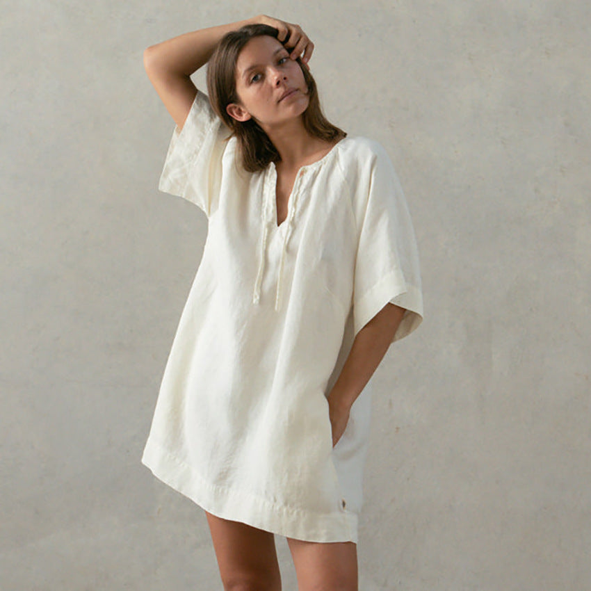 Cotton Solid Color Soft Skin Friendly Nightdress Loose Comfortable Cool Bandage Pocket Home Wear