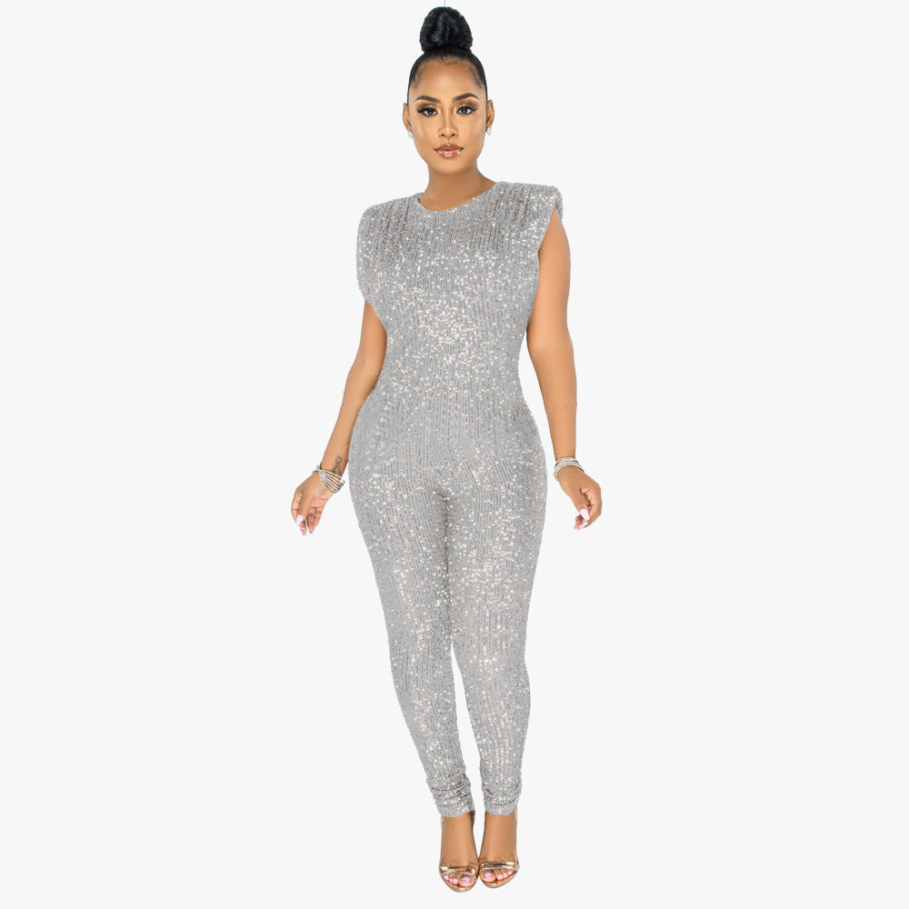 Sequined Sleeveless Slim Fit Bodysuit without Belt