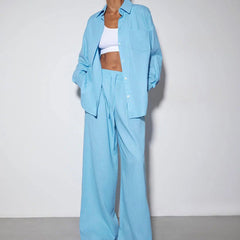 Blue Cotton Linen Collared Long Sleeve Wide Leg Trousers Loose Outfit