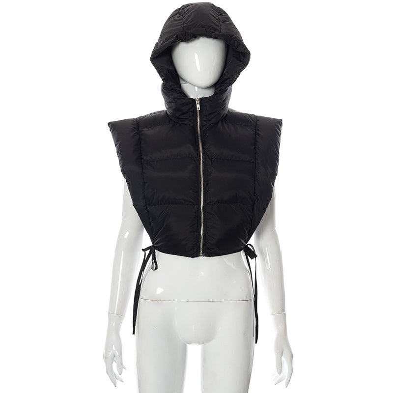 Solid Color Sleeveless Hooded Zipper Lace up Thermal Fleece Cotton Padded Coat Outerwear