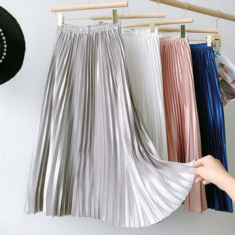 High Waist Satin Metallic Pleated Skirt Retro Mid-Length Slimming A- line Skirt