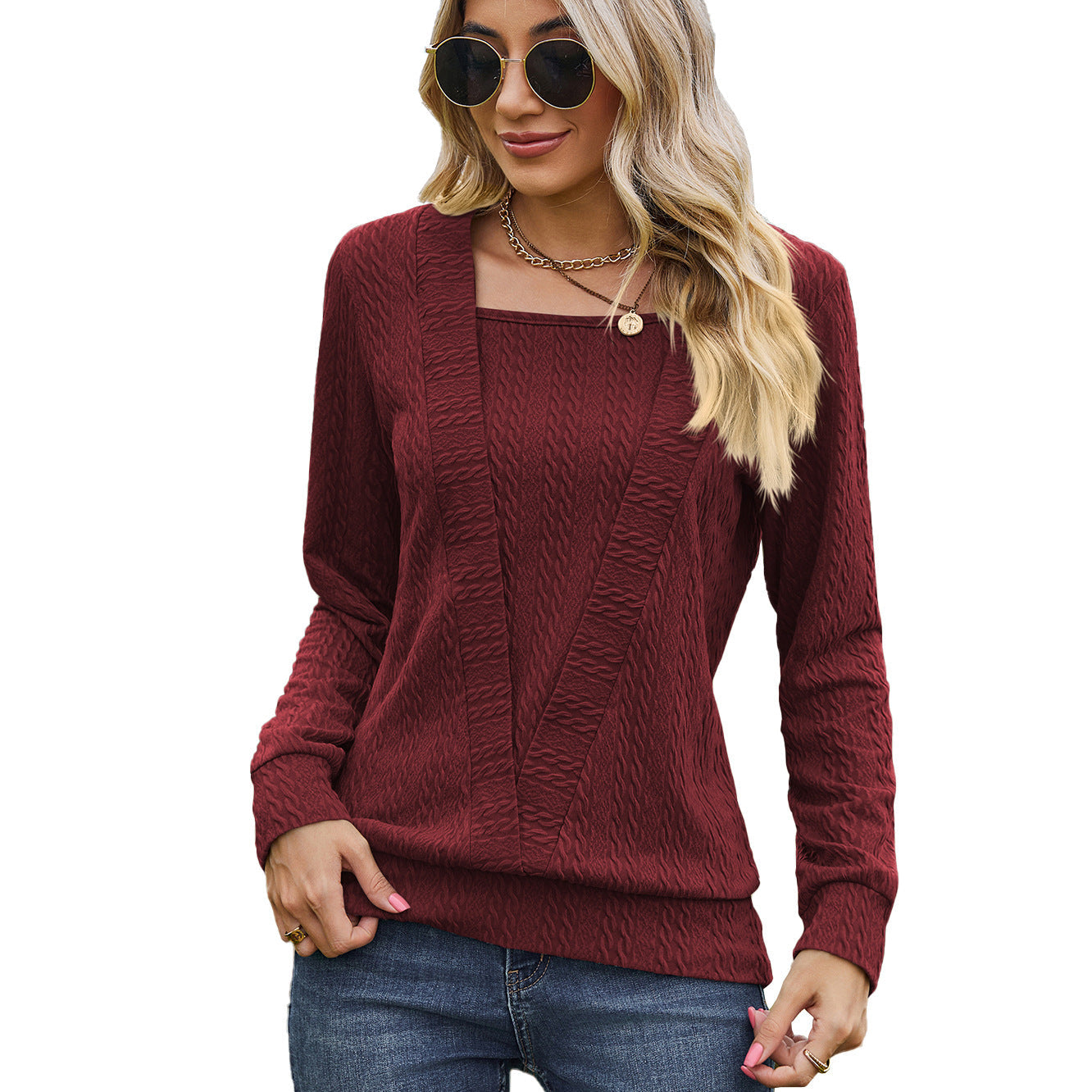 Solid Color Square Collar Cross Loose Long Sleeved T shirt Top