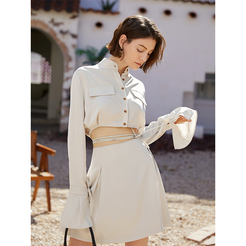 Lace Up Long Sleeve Shirt Skirt Set Slim Fit Two Piece Suit