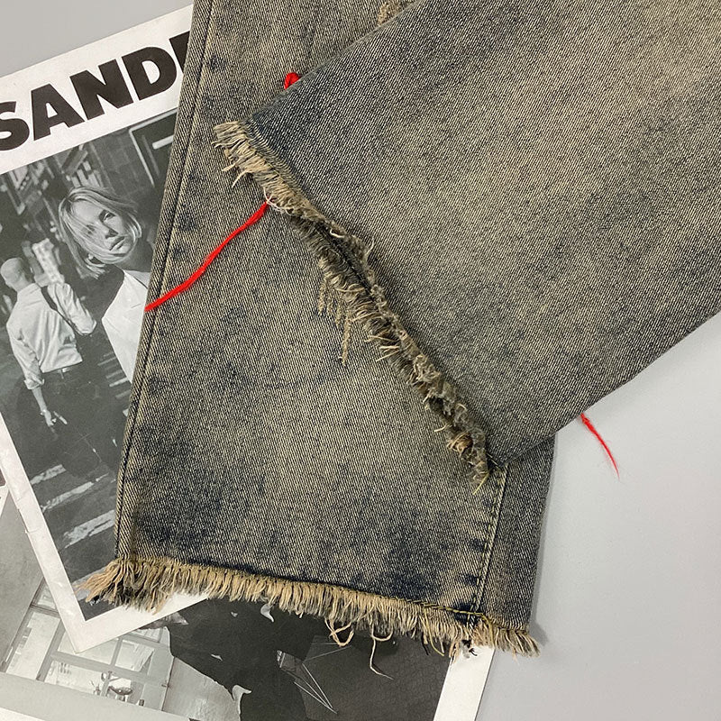 Jean rétro coupe droite à ourlet effiloché, taille haute, pantalon ample amincissant